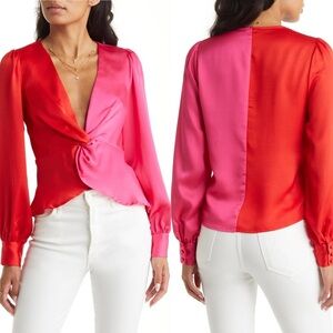 NEW Vici‎ Colorblock Twist Satin Blouse Red Fuchsia Size Large Nordstrom Top L